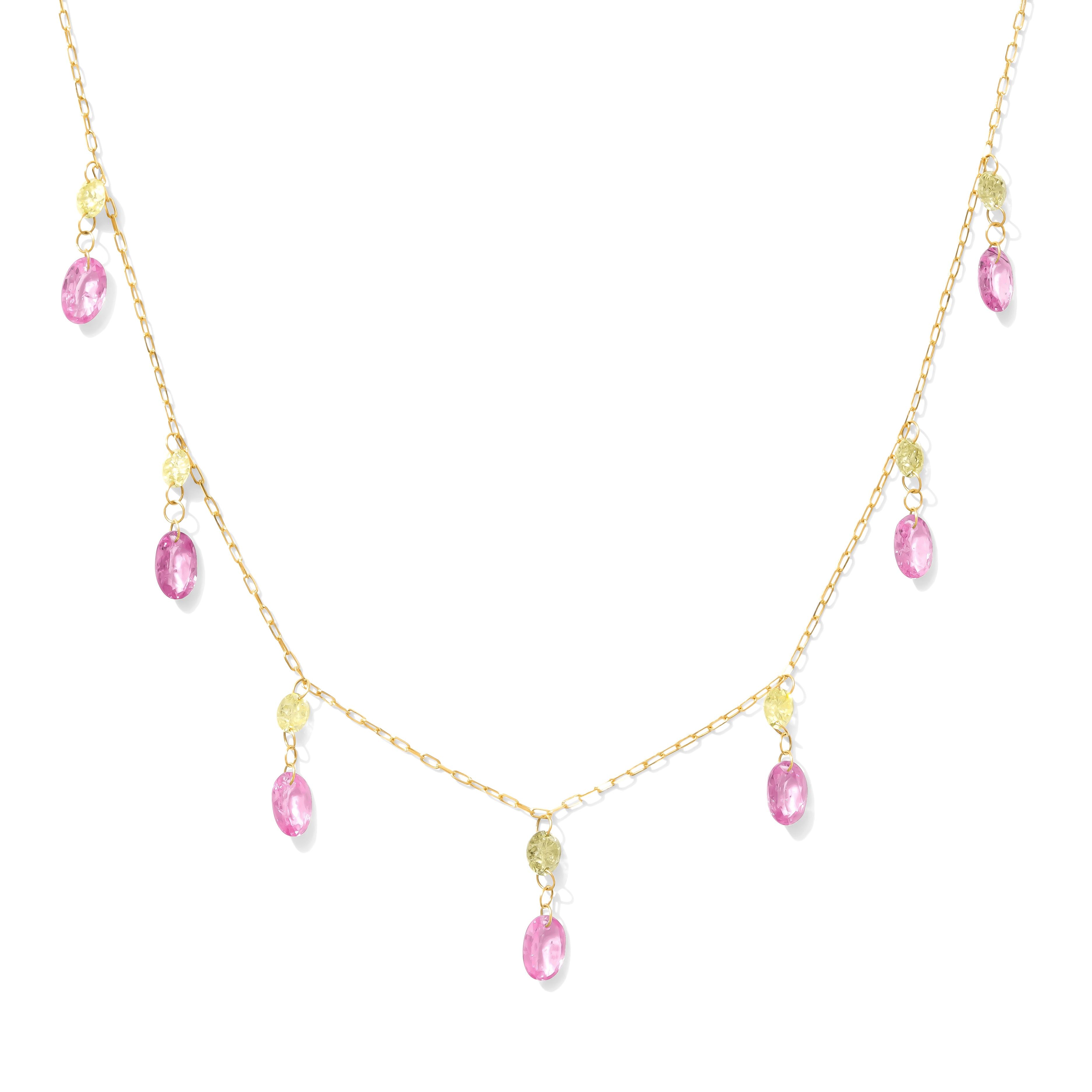 18kt Yellow Gold  Diamond & Pink Sapphire Oval Drop Necklace