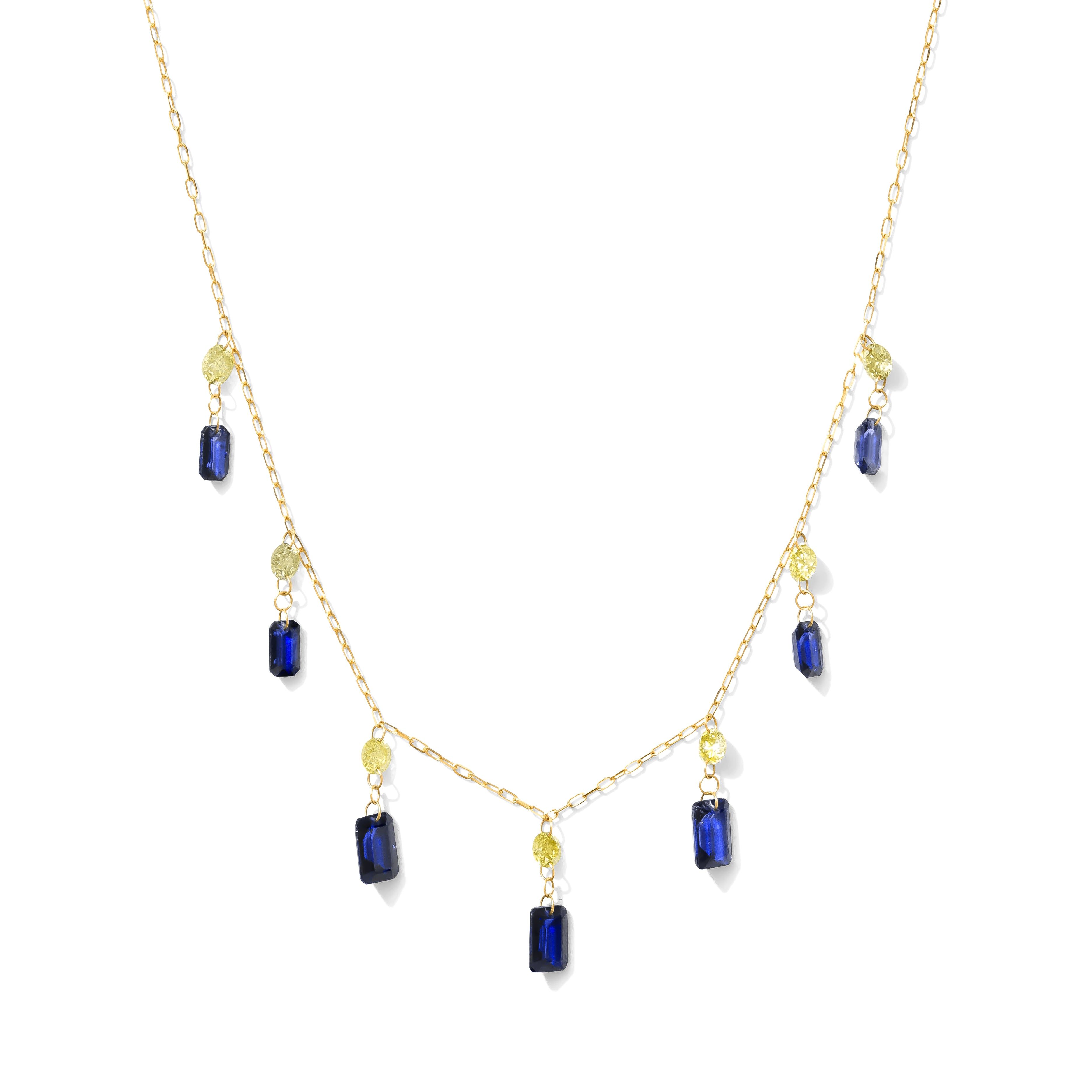 18kt Yellow Gold 4.87 CTW Diamond & Blue Sapphire Emerald Cut Drop Necklace