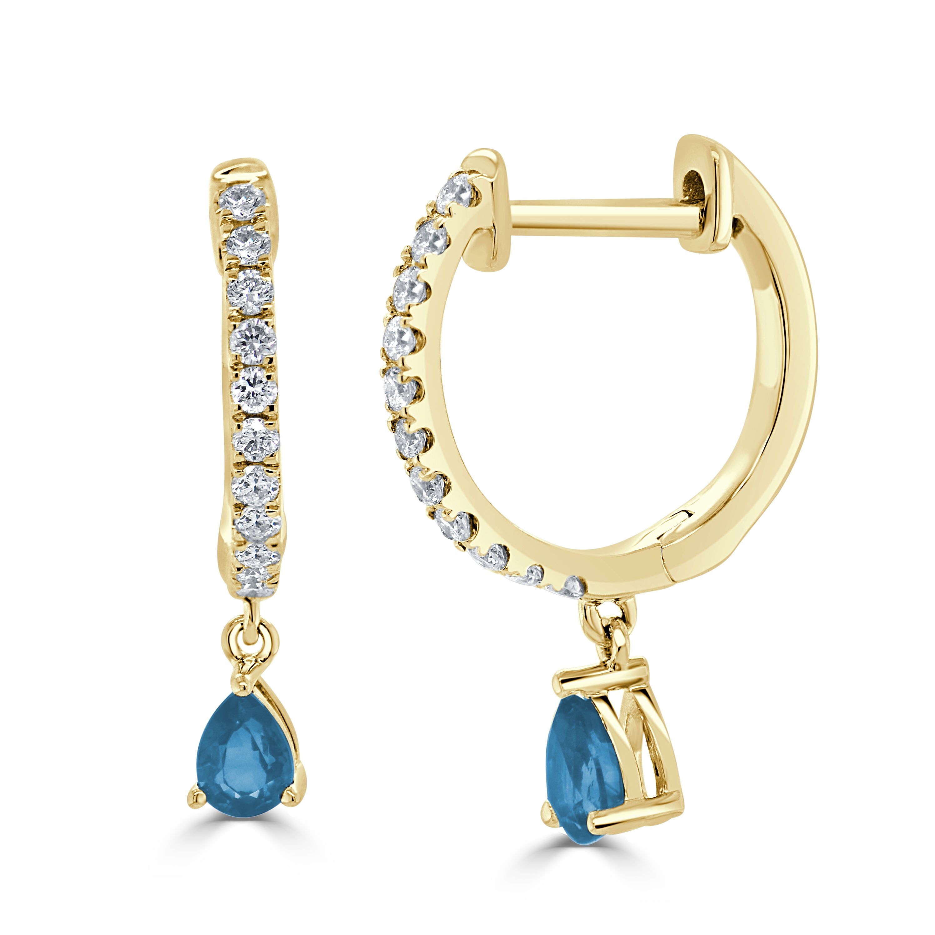 14kt Gold 0.58 CTW Blue Topaz & Diamond Dangle Huggie Earrings