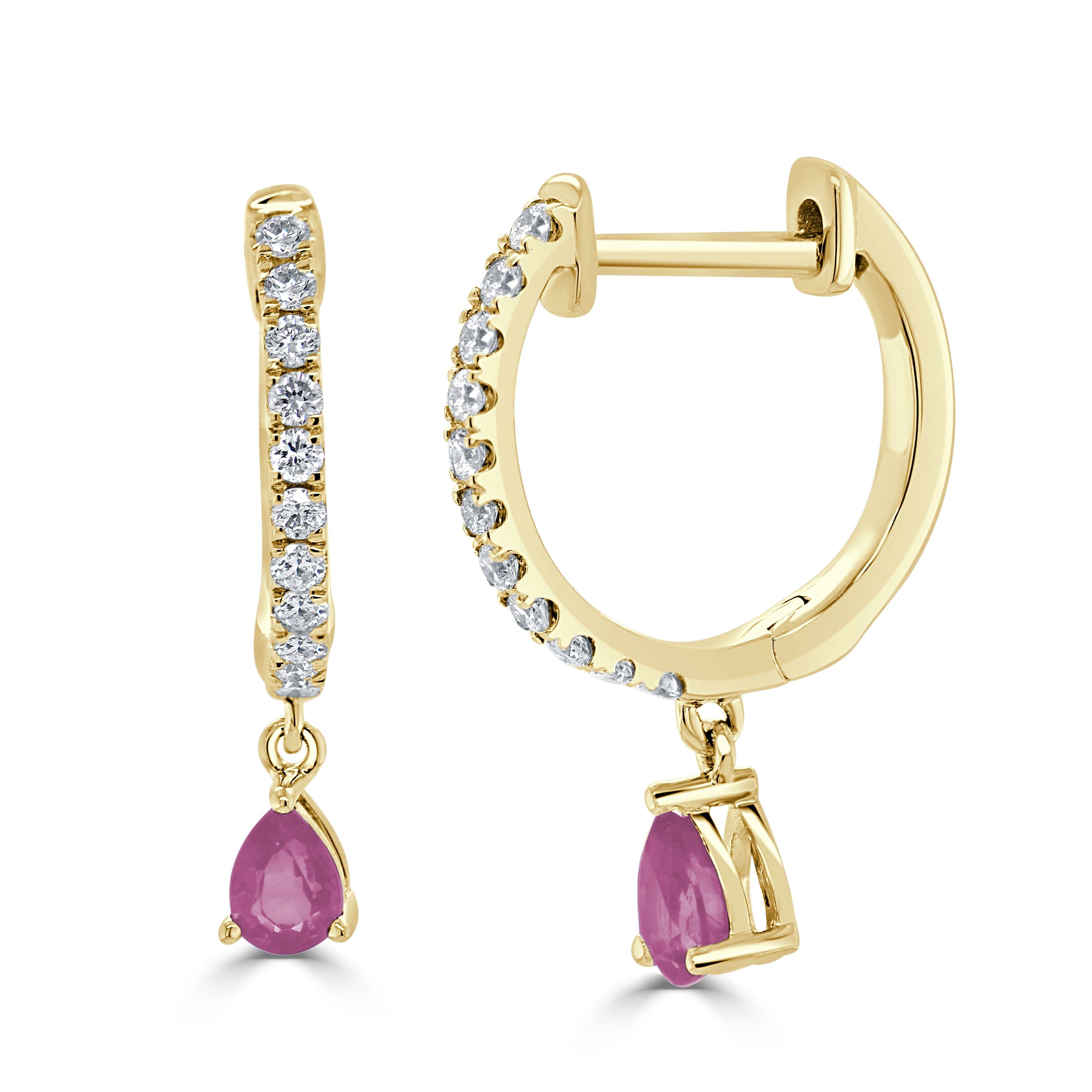 14kt Gold 0.48 CTW Pink Tourmaline & Diamond Dangle Huggie Earrings