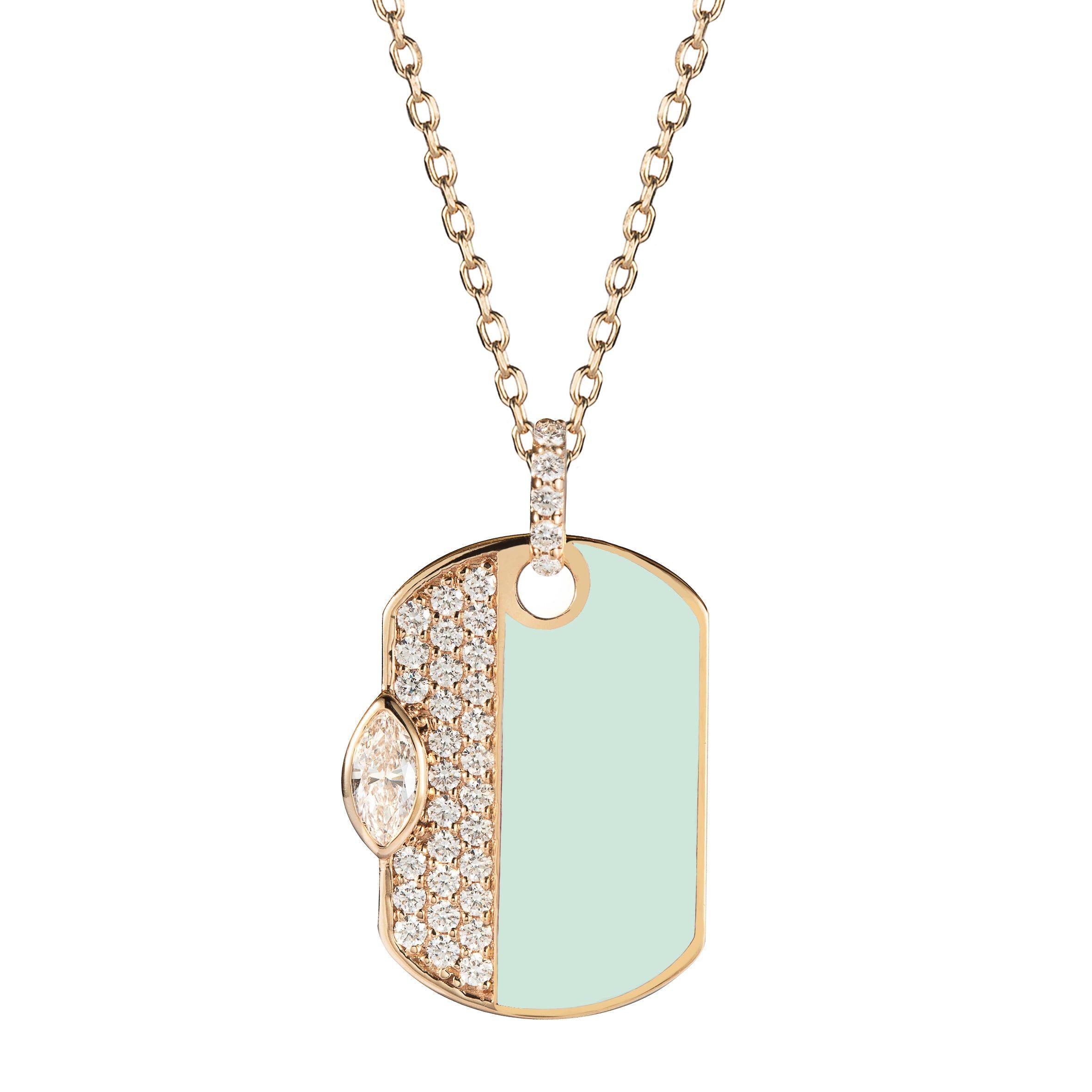 18kt Rose Gold 0.51 CTW Mint Enamel Diamond Dog Tag Necklace