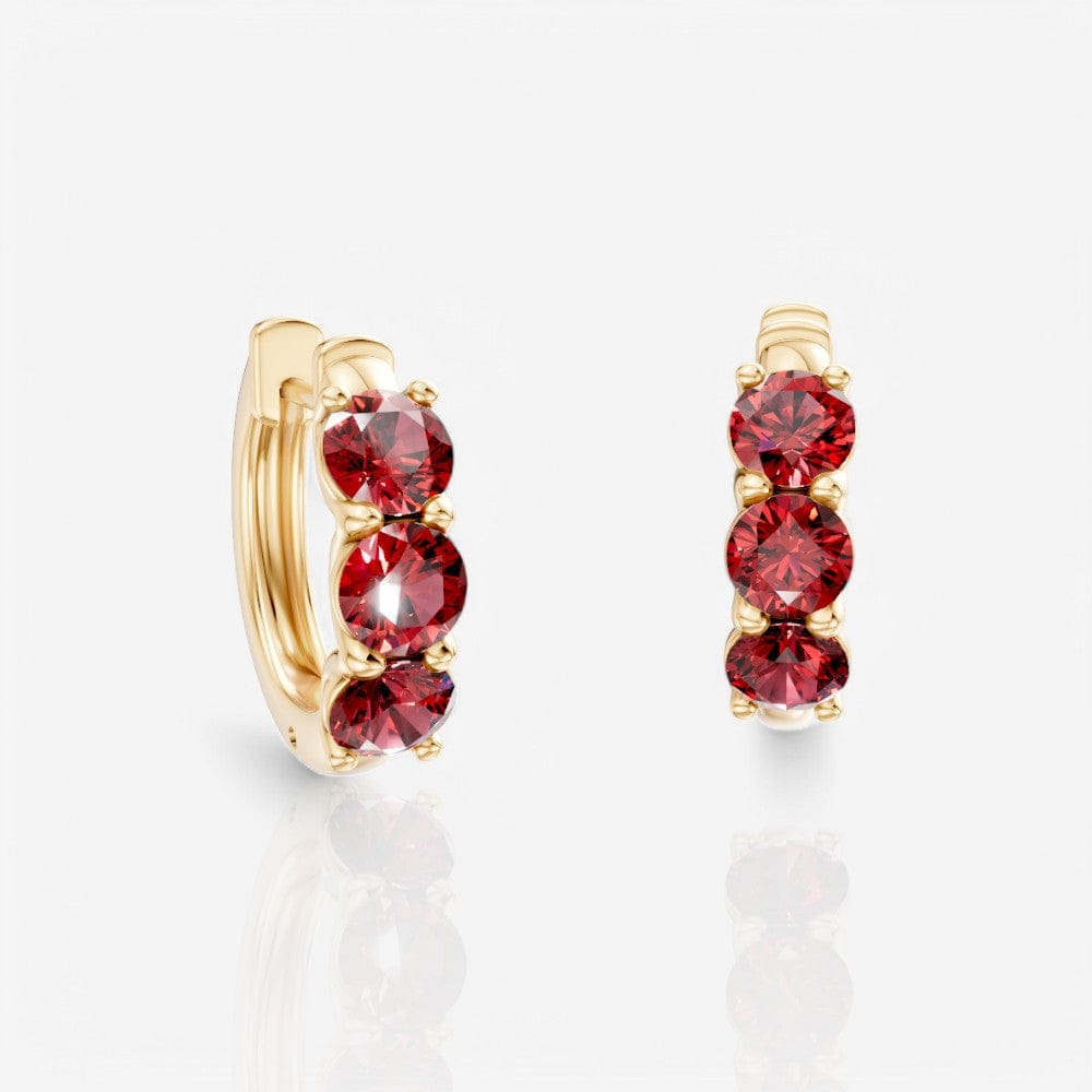 Three-Stone Round Ruby Huggie Earrings