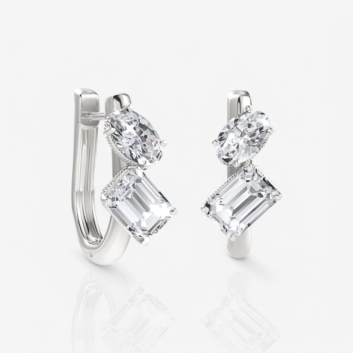 Toi et Moi Oval & Emerald Cut Diamond Huggie Hoop Earrings