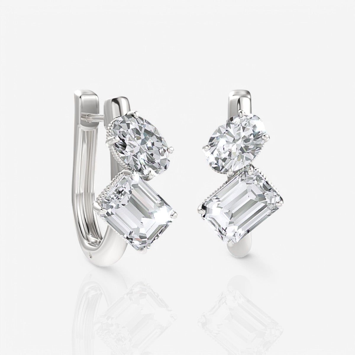 Toi et Moi Oval & Emerald Cut Diamond Huggie Hoop Earrings