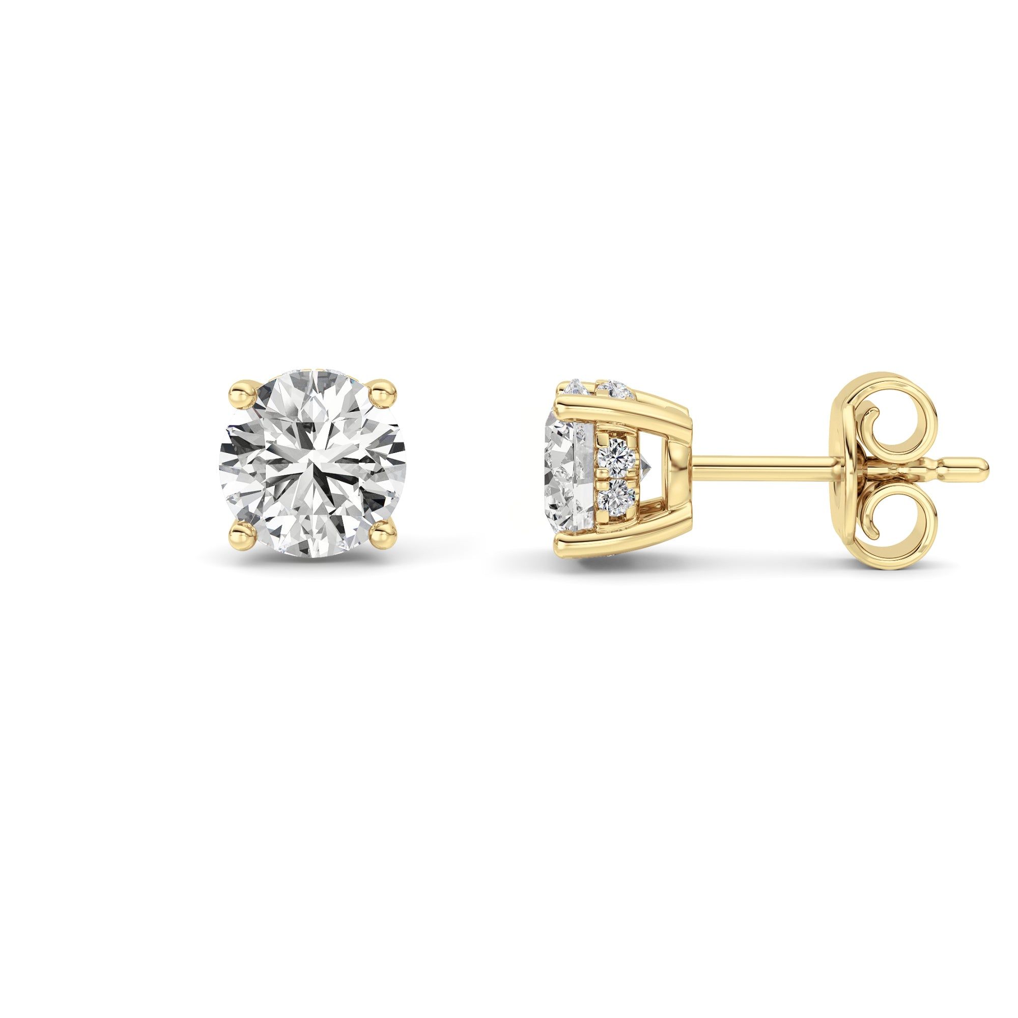 IGI Certified 2.00 CTW FVS Round Shaped Lab Grown Diamond Stud Earrings with Hidden Halo in 14kt Yellow Gold