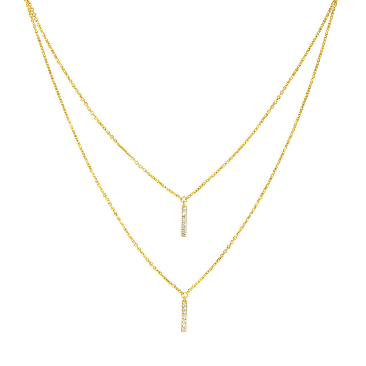 14kt Yellow Gold 0.10 CTW Diamond Staple Bar Drops Duet Necklace