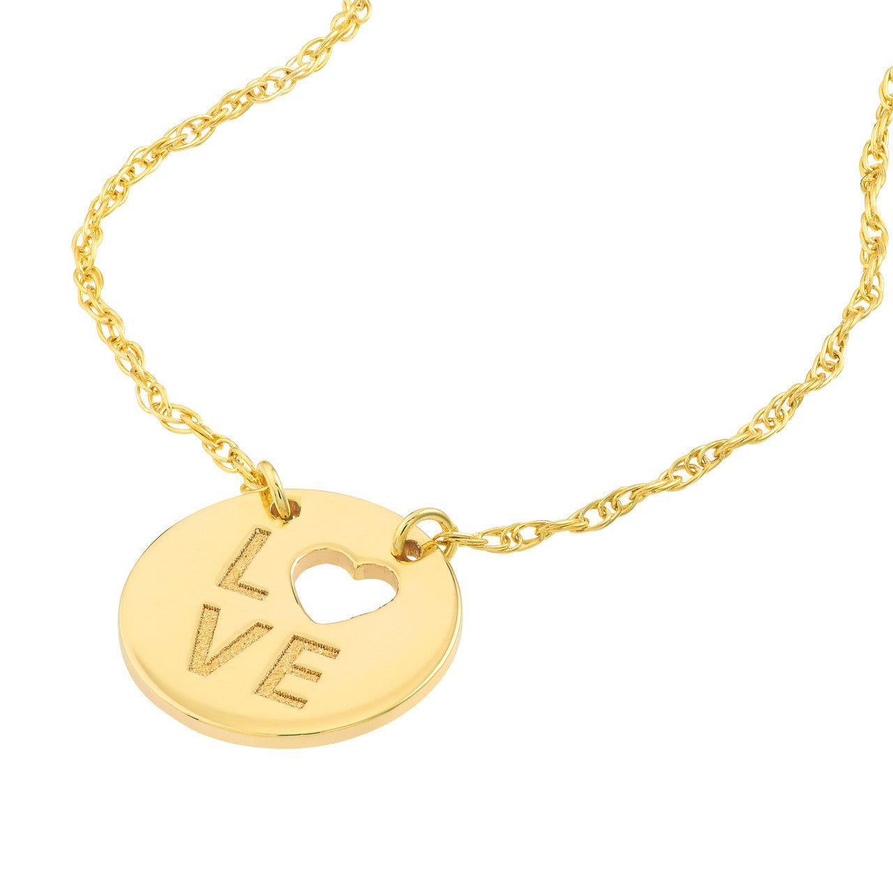 14kt Gold Cutout Heart/Love Mini Disc Necklace