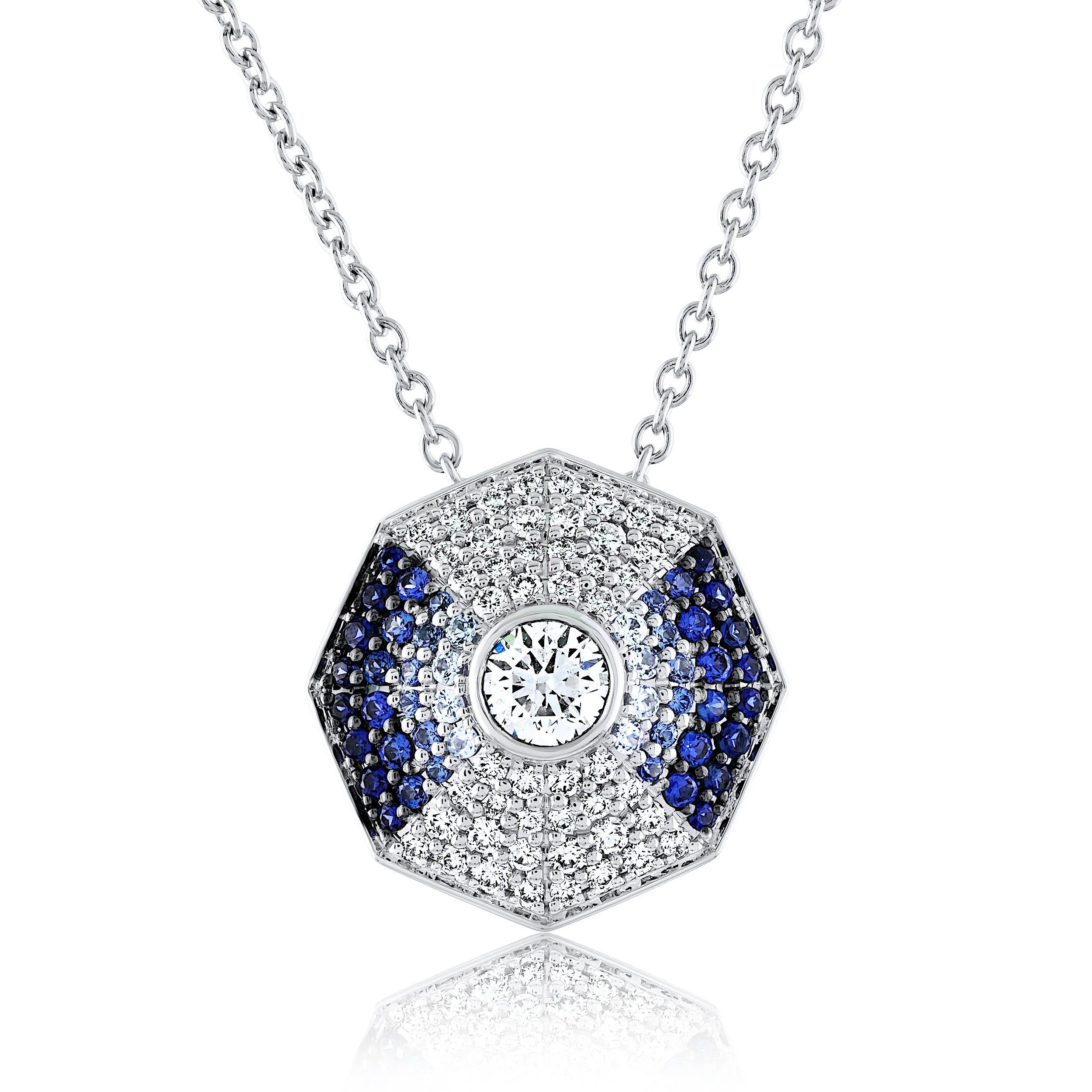 18KT White Gold Diamond & Blue Sapphire Ombre Octagonal Pendant Necklace