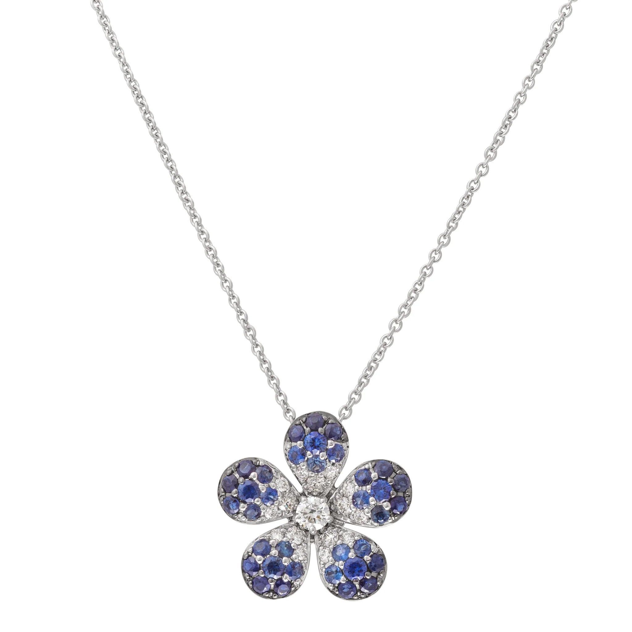 18KT White Gold Diamond & Blue Sapphire Flower Necklace