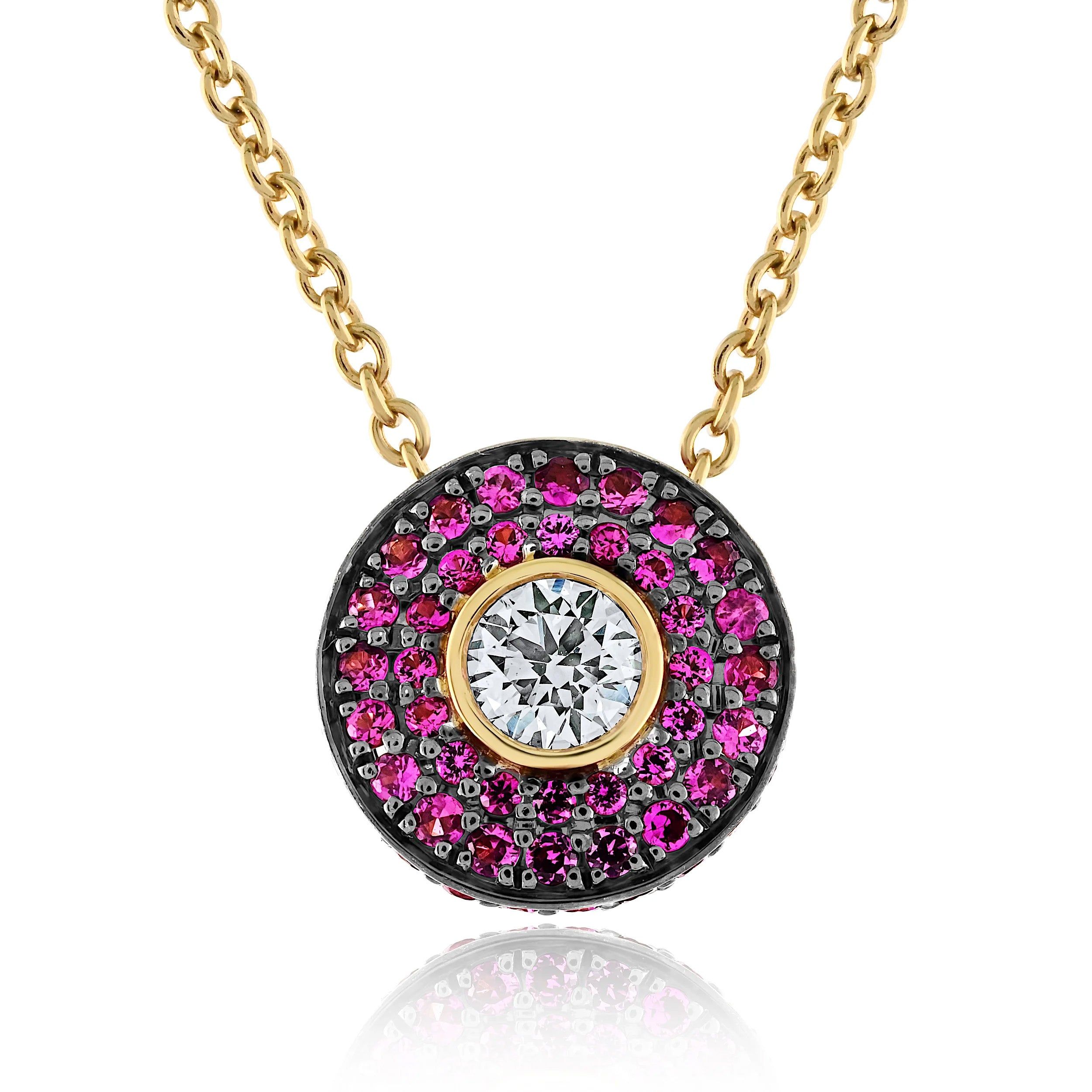 18KT Yellow Gold Pink Sapphire & Diamond Black Rhodium Necklace