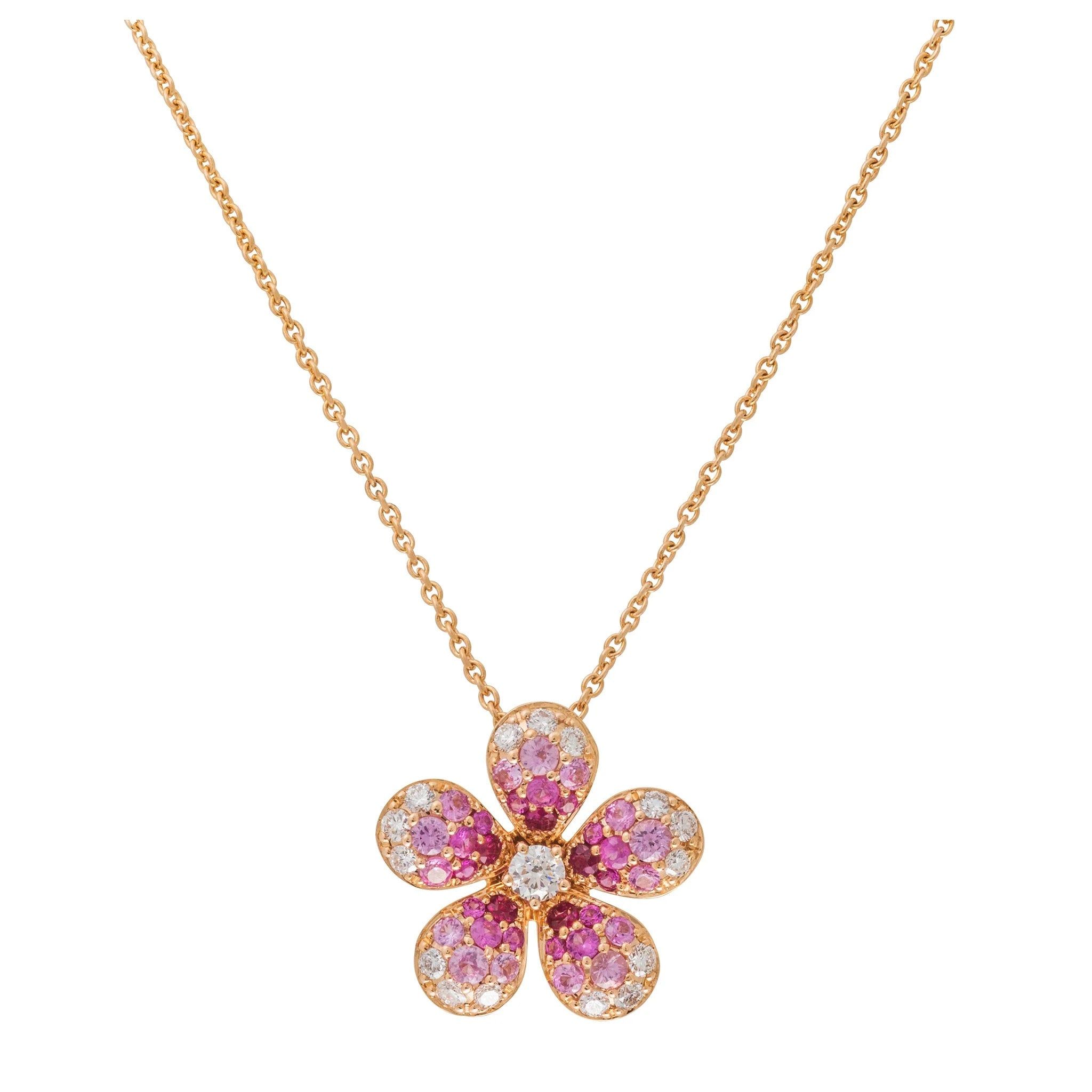 18KT Yellow Gold Diamond & Pink Sapphire Flower Necklace