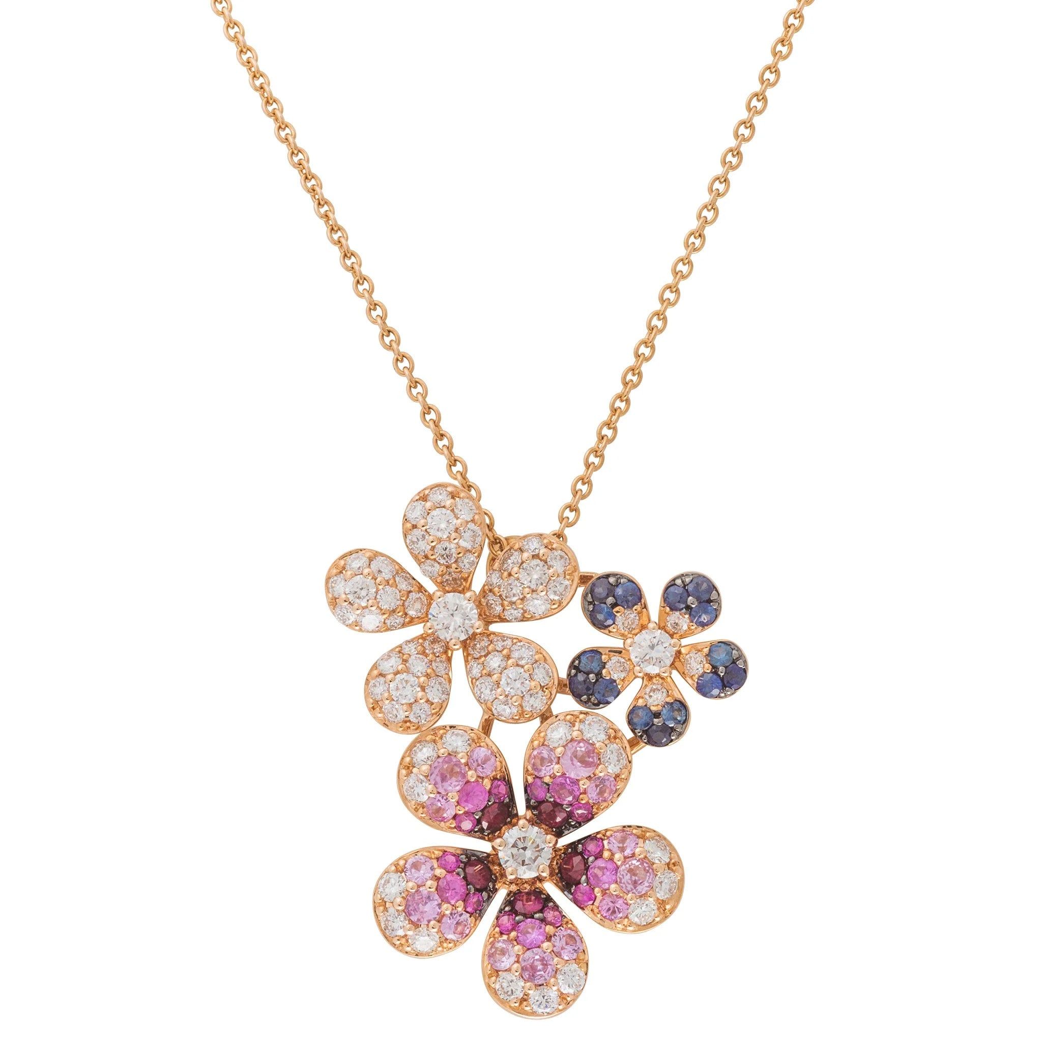18KT Yellow Gold Triple Flower Diamond & Sapphire Ombre Necklace
