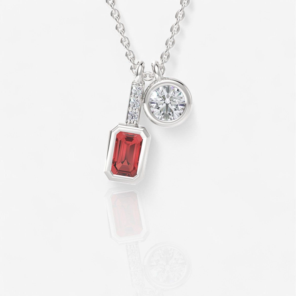 Two-Stone Bezel-Set Emerald Shaped Ruby & Round Lab-Grown Diamond Pendant