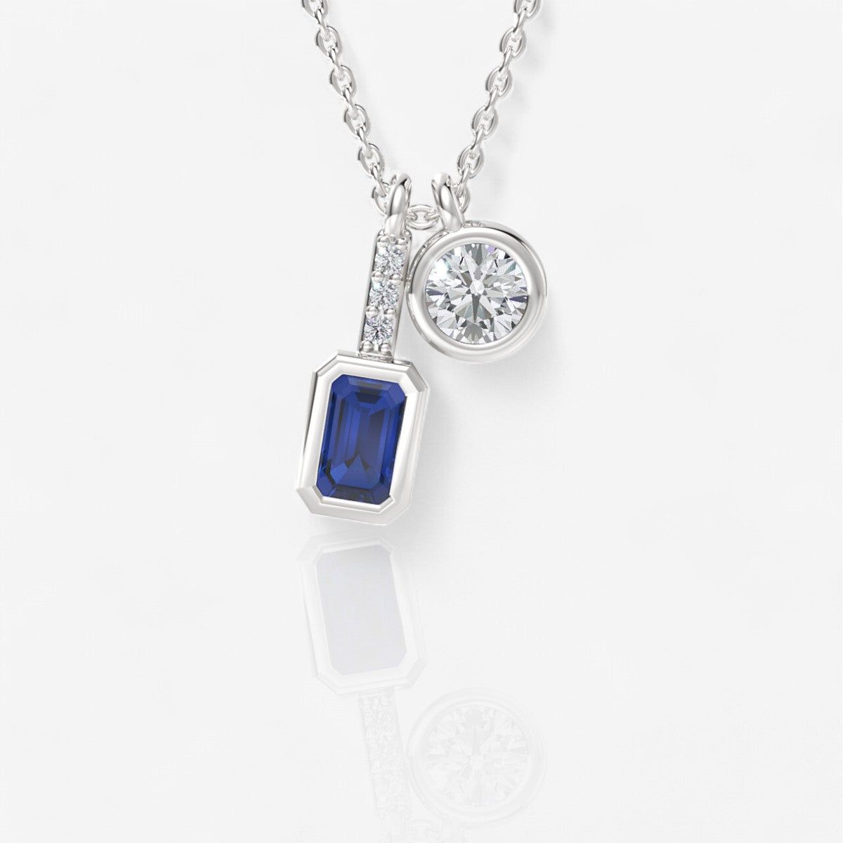 Two-Stone Bezel-Set Emerald Shaped Sapphire & Lab-Grown Round Diamond Pendant