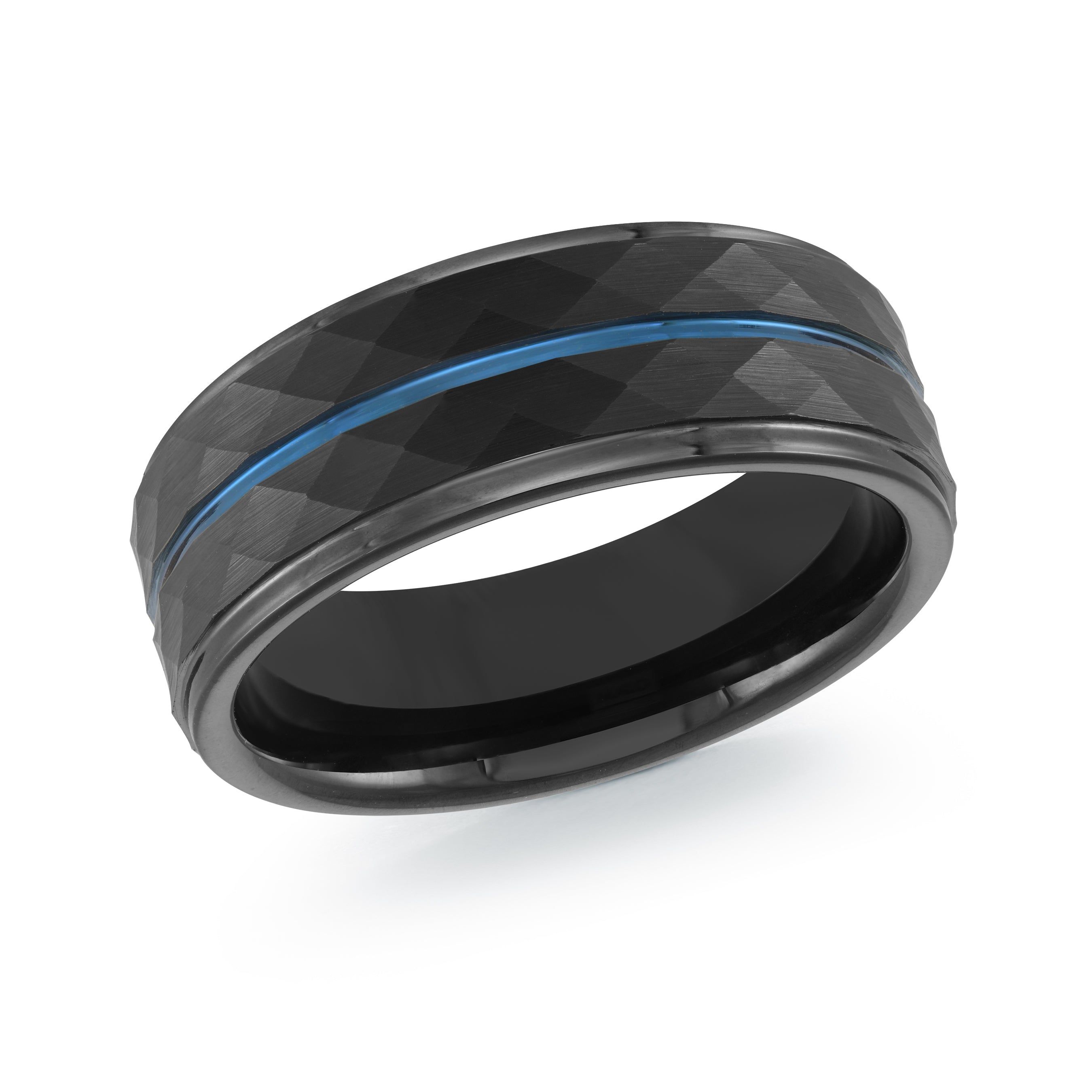 Men's 8mm Black Tungsten Wedding Ring with Blue-Plated Groove