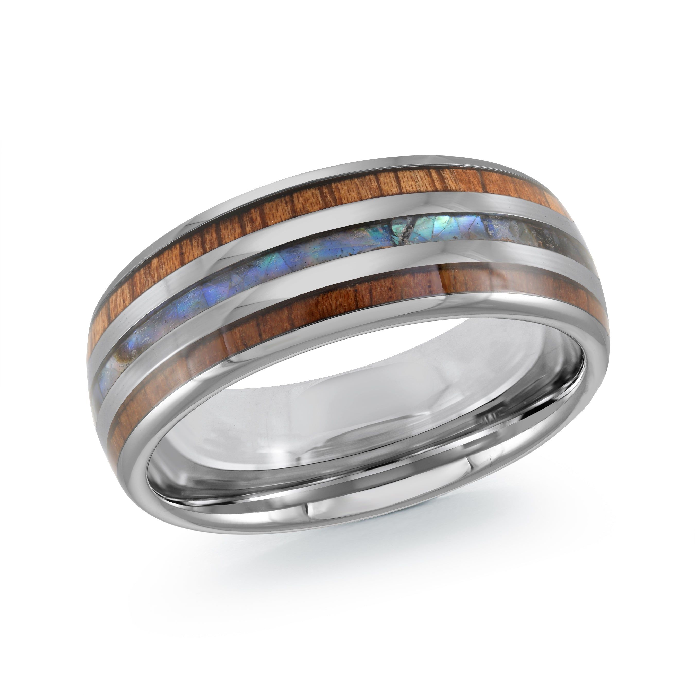 Men's 8mm Tungsten Wedding Ring with Wood & Seashell Inlay