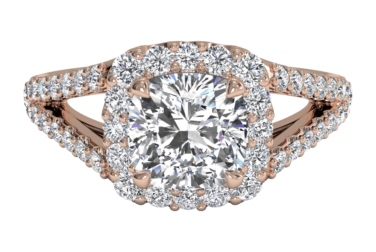 The Kenia Cushion Cut 18kt Rose Gold Cushion Halo Diamond V Band Engagement Ring
