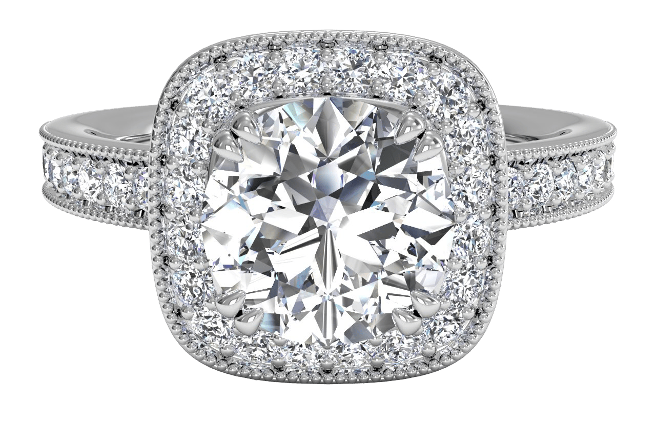 Vintage Cushion Halo Diamond Band Engagement Ring With Surprise Diamonds
