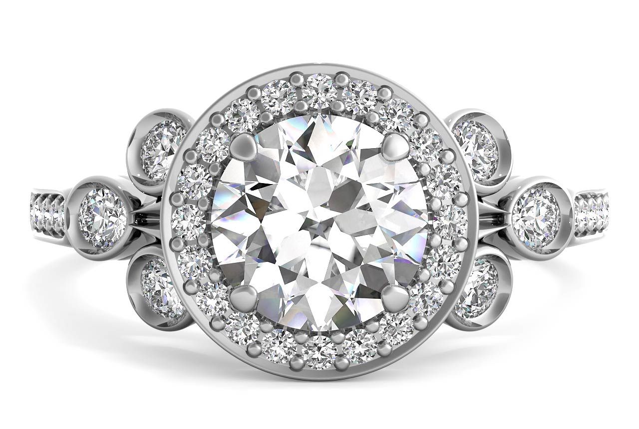 Vintage Scroll Halo Diamond Engagement Ring