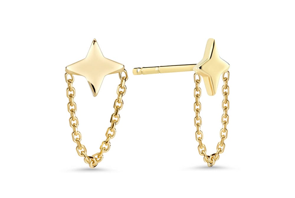 14kt Gold North Star Earrings with Chain Drape