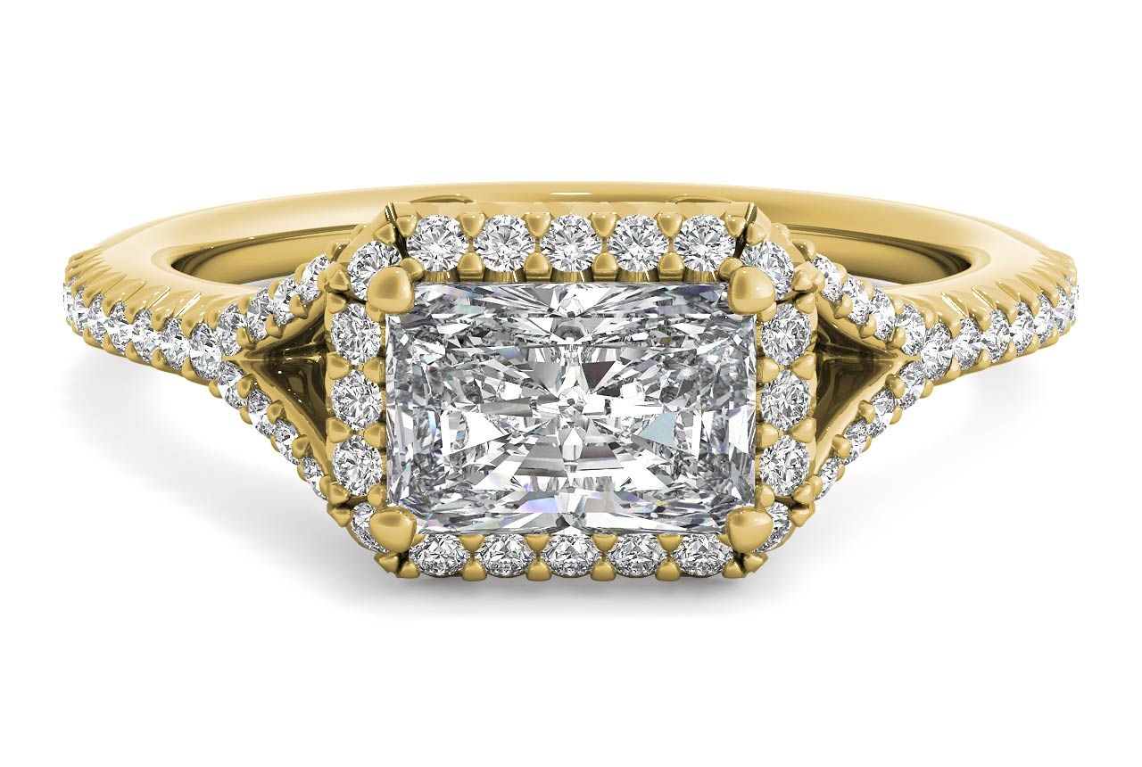 East To West Halo Diamond 'V Band' Engagement Ring