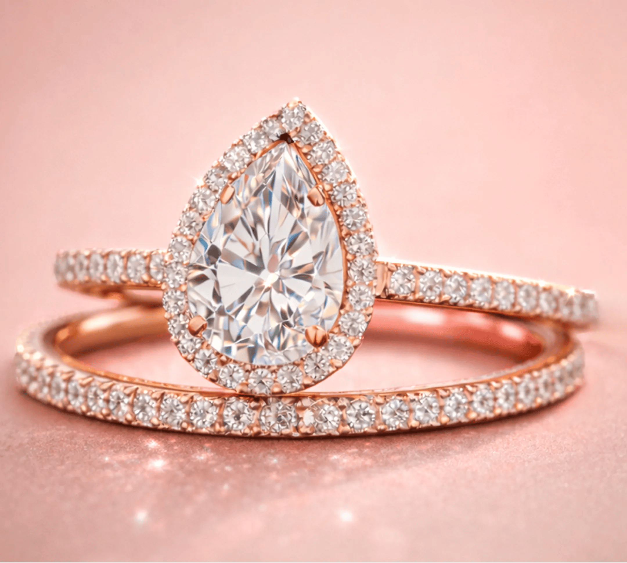 Pear Cut Diamond in Halo setting and Diamond wedding ring