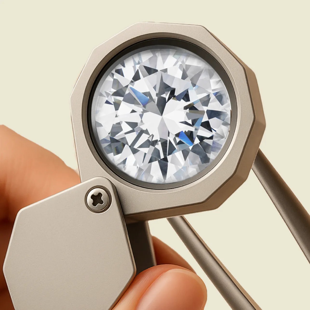 In-house gemologist analyzing a diamond under a loupe.