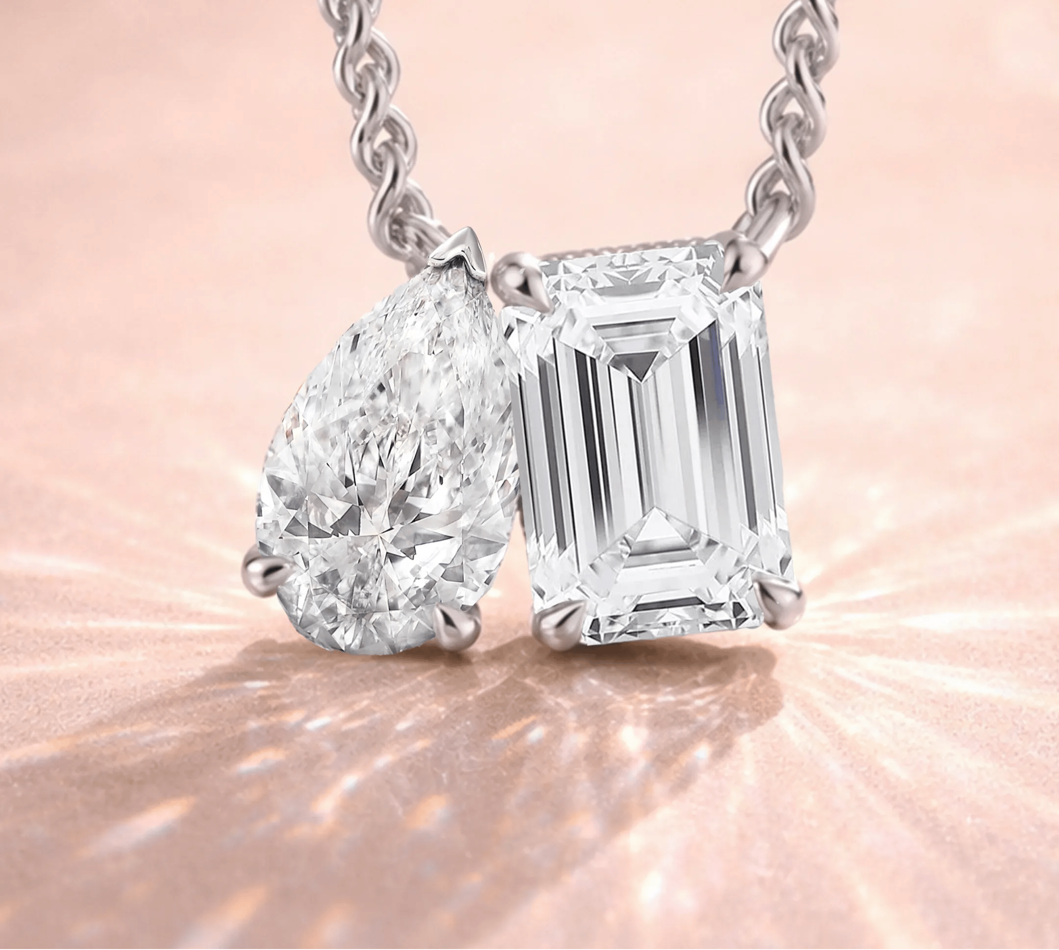 two Stone white gold pendant with Pear and Emerald Center stones in White Gold