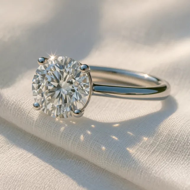 Lab-grown diamond ring shown in natural daylight, set in a minimalist white gold band.