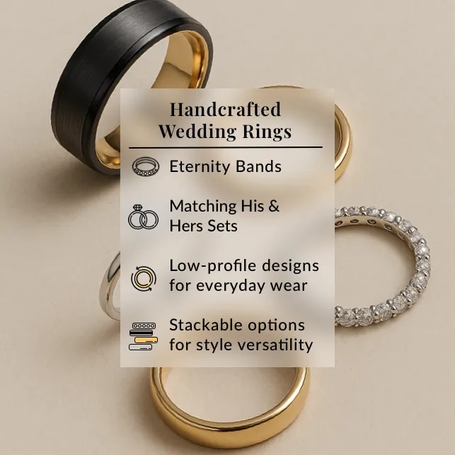 Handcrafted Wedding Rings: Eternity Bands, Matching His and Her Sets, Low-profile designs for everyday wear and stackable options for style versatility