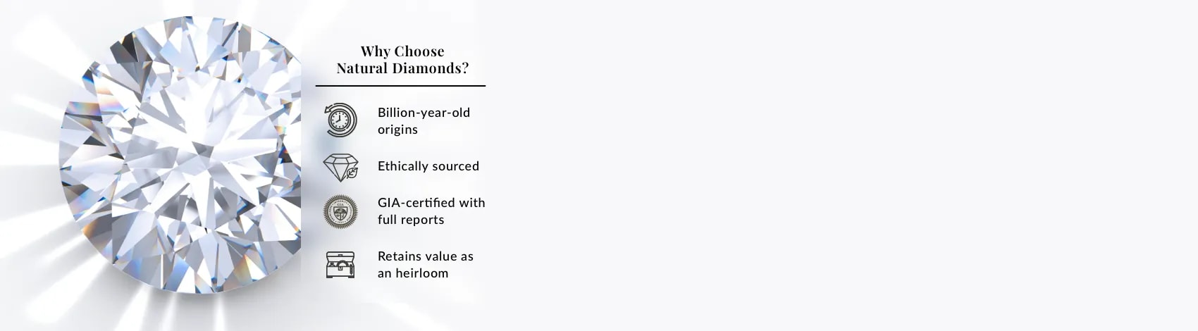 A large brilliant diamond and a chart describing why to choose a Natural Diamond