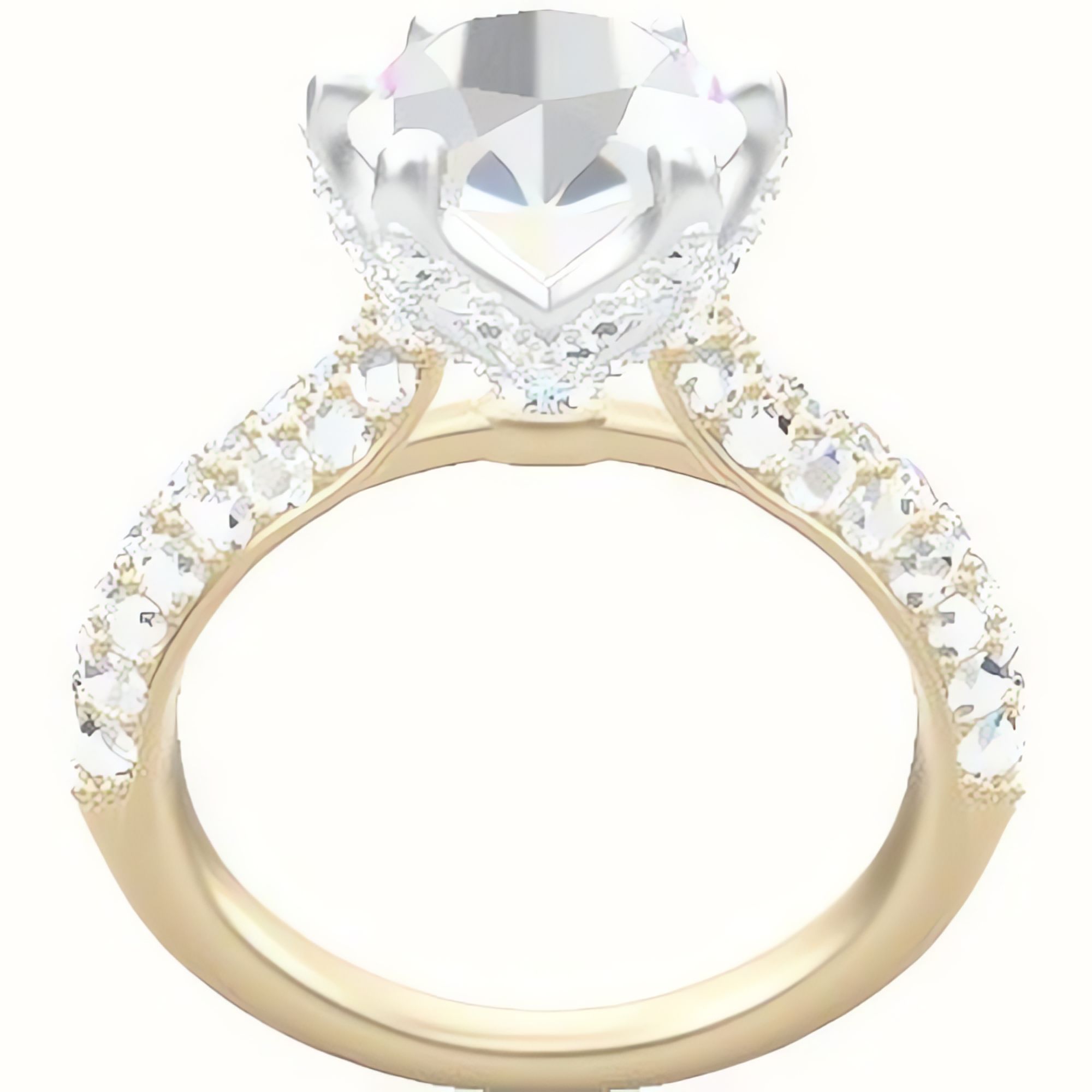 Cathedral Three Row Pave Engagement Ring With Pave Petal Six Prong Head
