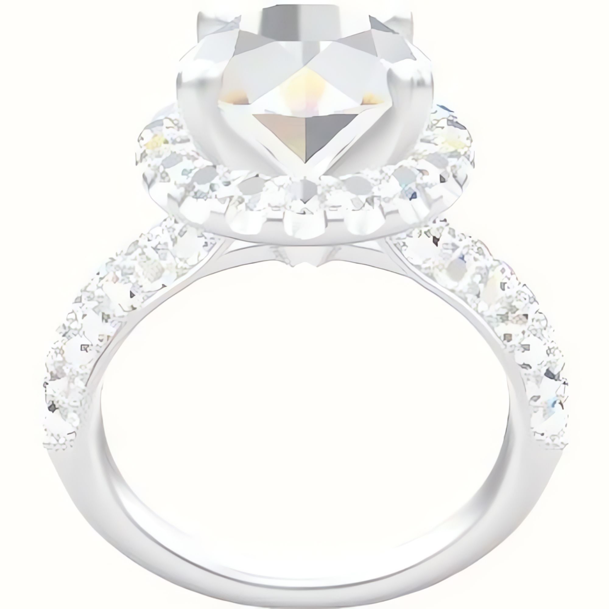 Cathedral Three Row Pave Engagement Ring With V Prong Halo Head