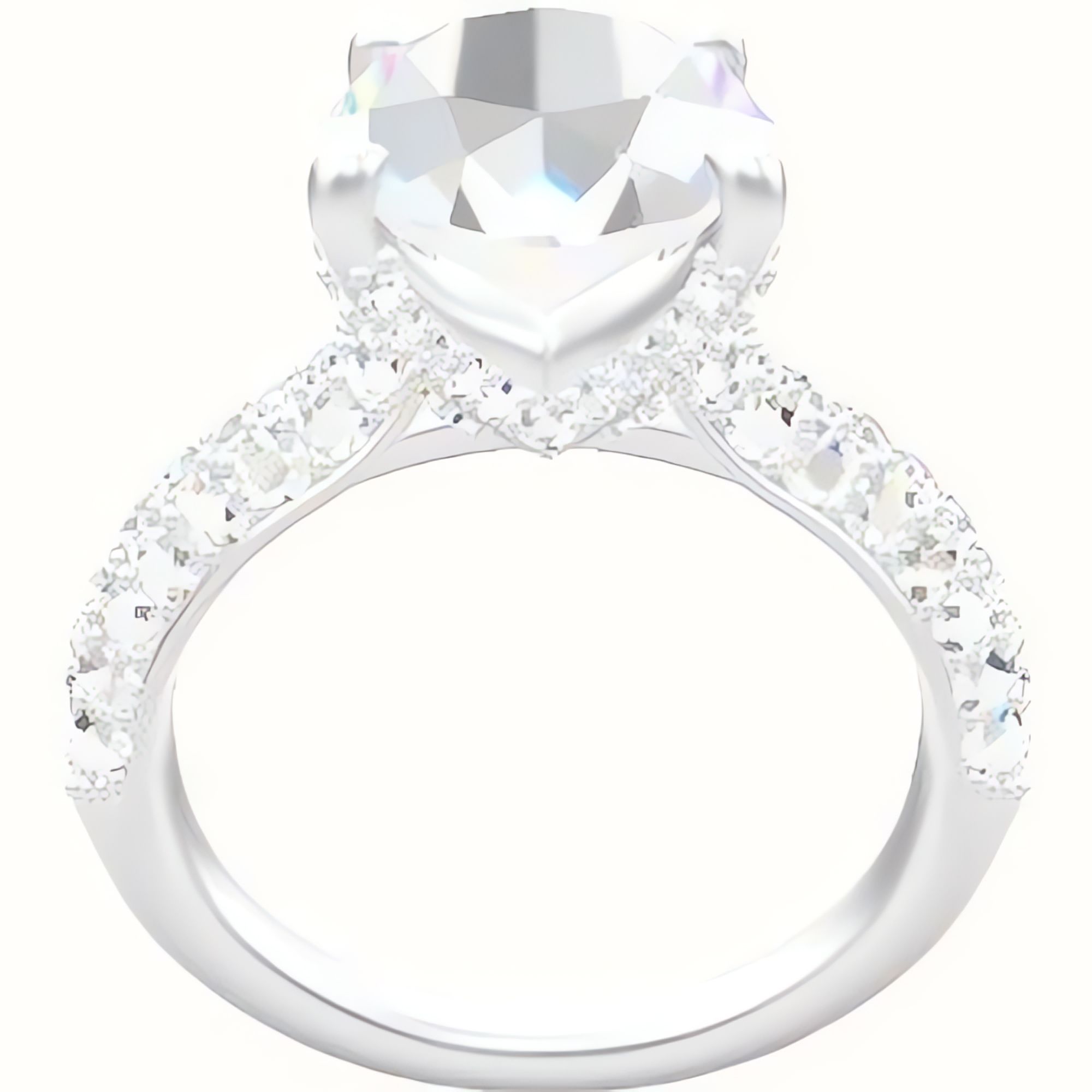 Cathedral Three Row Pave Engagement Ring With Double Pave V Prong Head