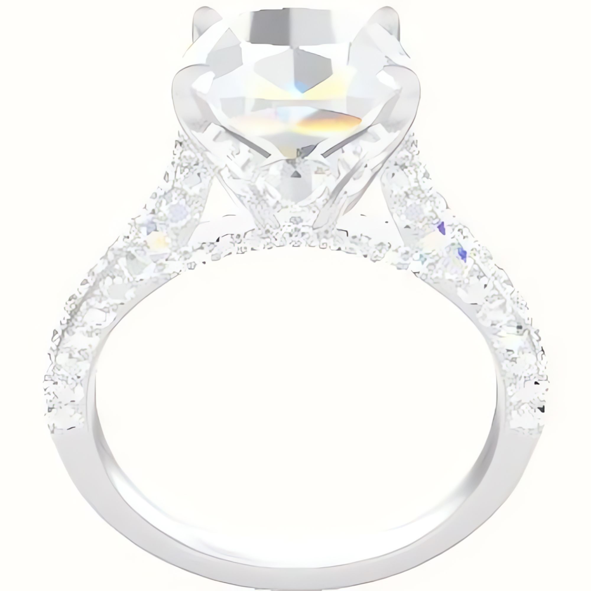 Petite Cathedral Three Row Engagement Ring With Pave Tulip Prongs w. Surprise Diamond Head