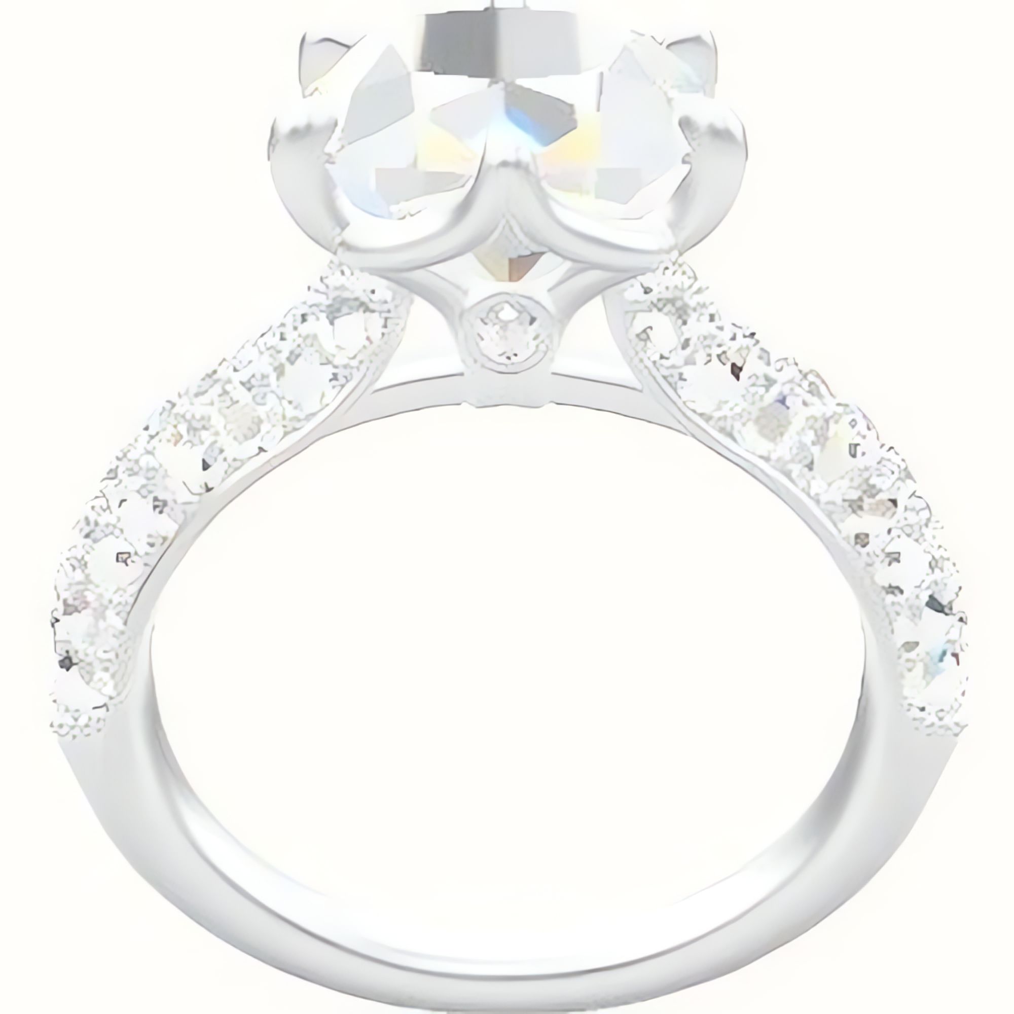 Cathedral Three Row Pave Engagement Ring With Crown Six Prong w. accent Diamond Head