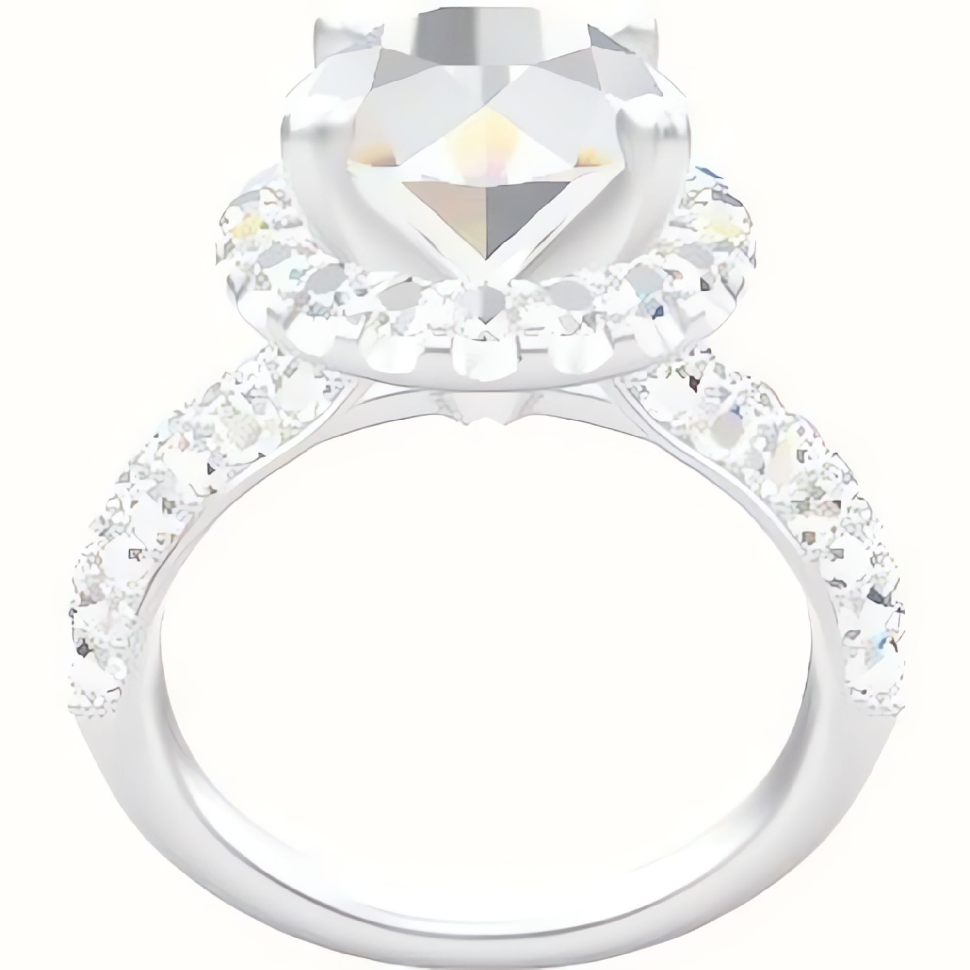 Cathedral Three Row Pave Engagement Ring With V Prong Halo Head