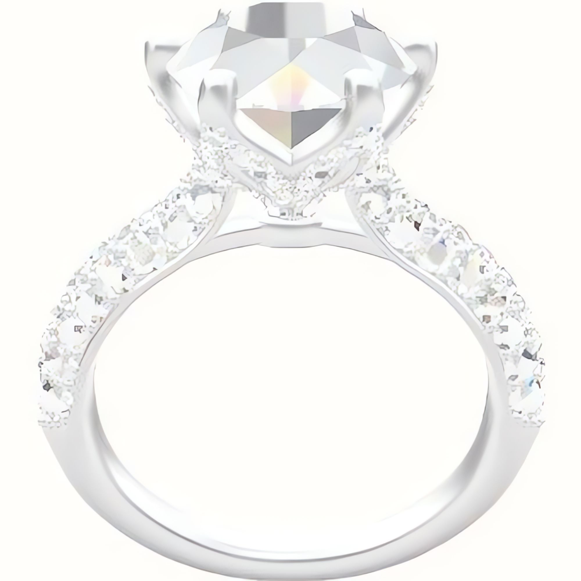 Cathedral Three Row Pave Engagement Ring With Pave Petal Six Prong Head