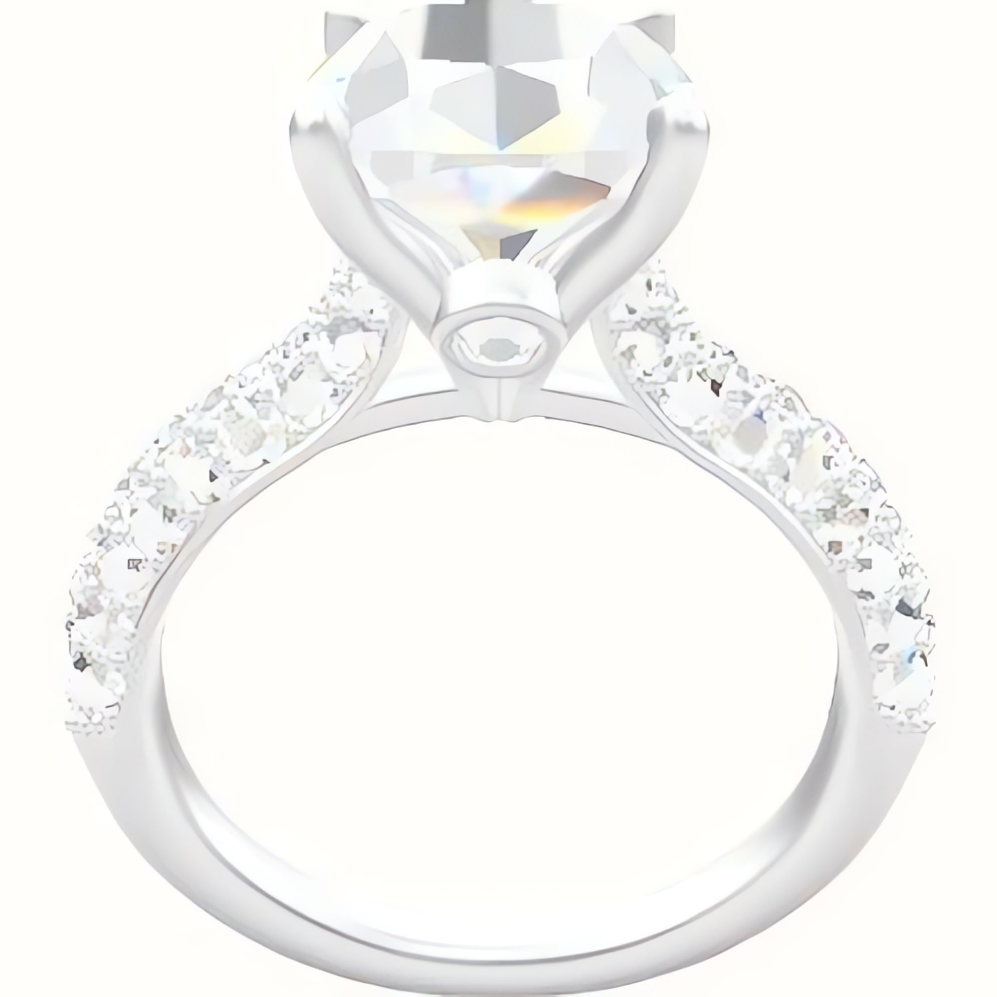 Cathedral Three Row Pave Engagement Ring With Accent Diamond Head