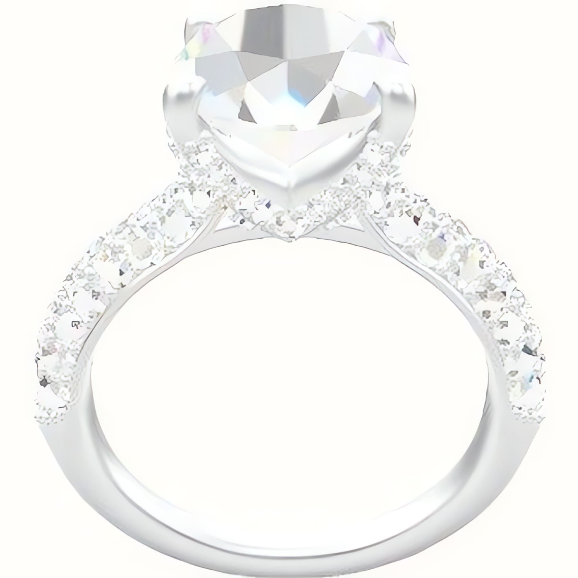 Cathedral Three Row Pave Engagement Ring With Double Pave V Prong Head