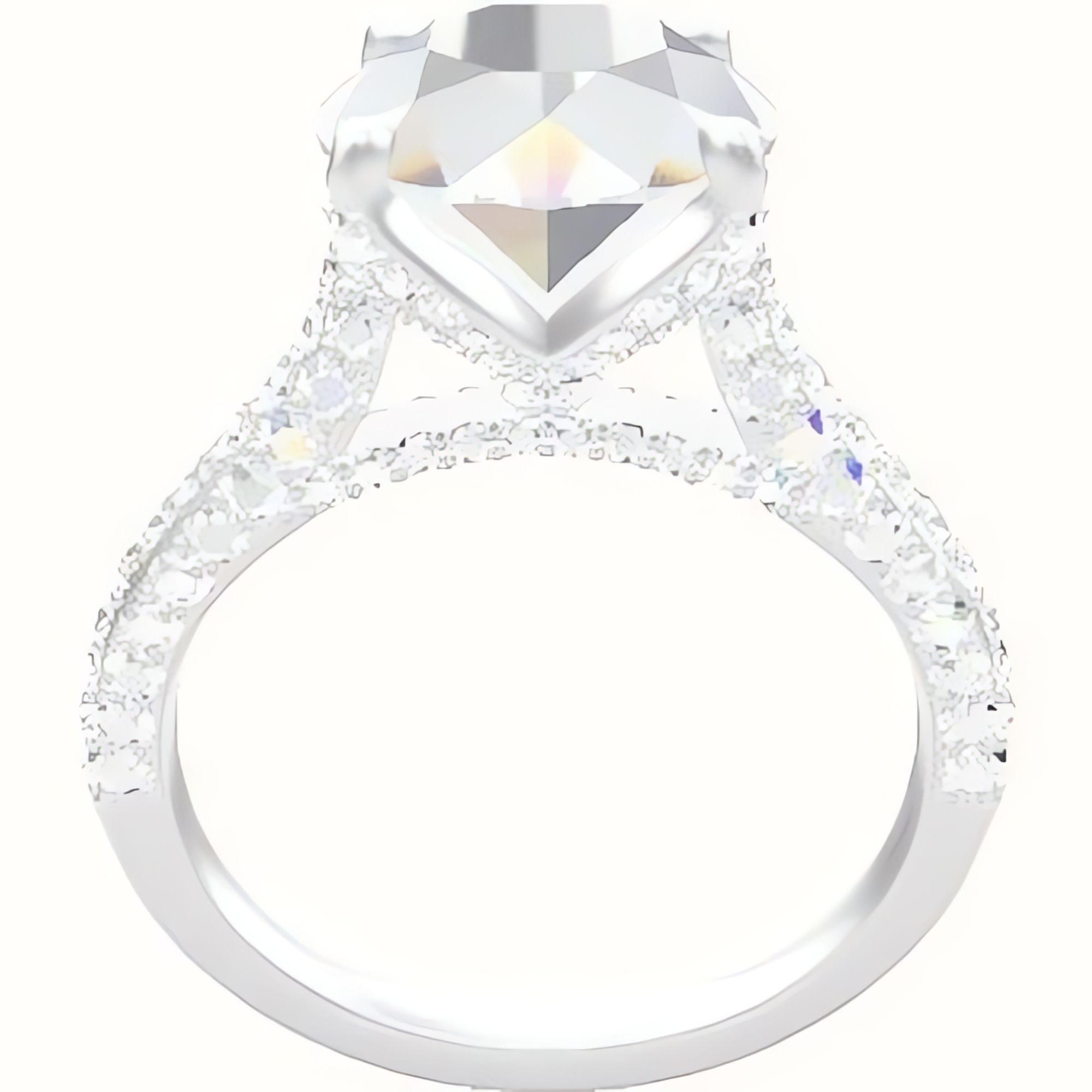 Petite Cathedral Three Row Engagement Ring With Pave Petal Four Prong Head