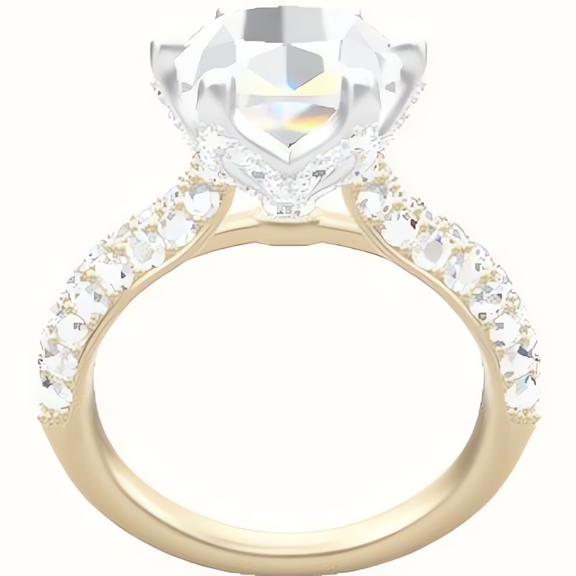 Cathedral Three Row Pave Engagement Ring With Pave Petal Six Prong Head