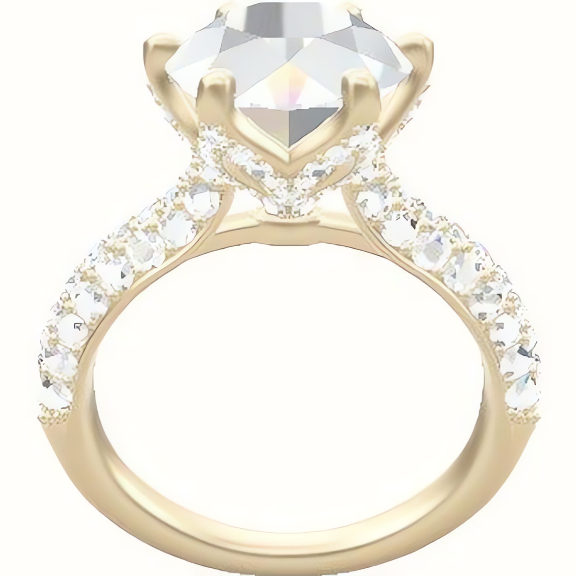 Cathedral Three Row Pave Engagement Ring With Pave Petal Six Prong Head
