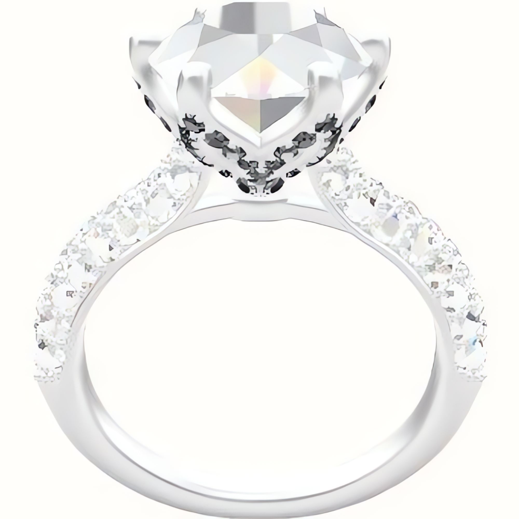 Cathedral Three Row Pave Engagement Ring With Pave Petal Six Prong Head