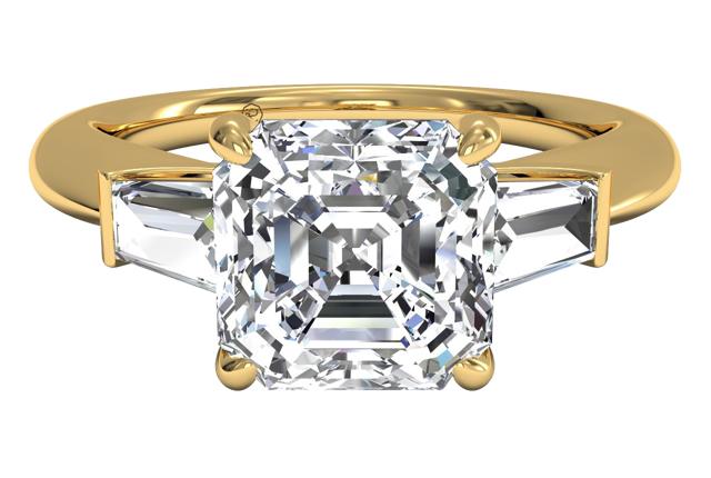 three-stone yellow gold asscher-cut diamond engagement ring
