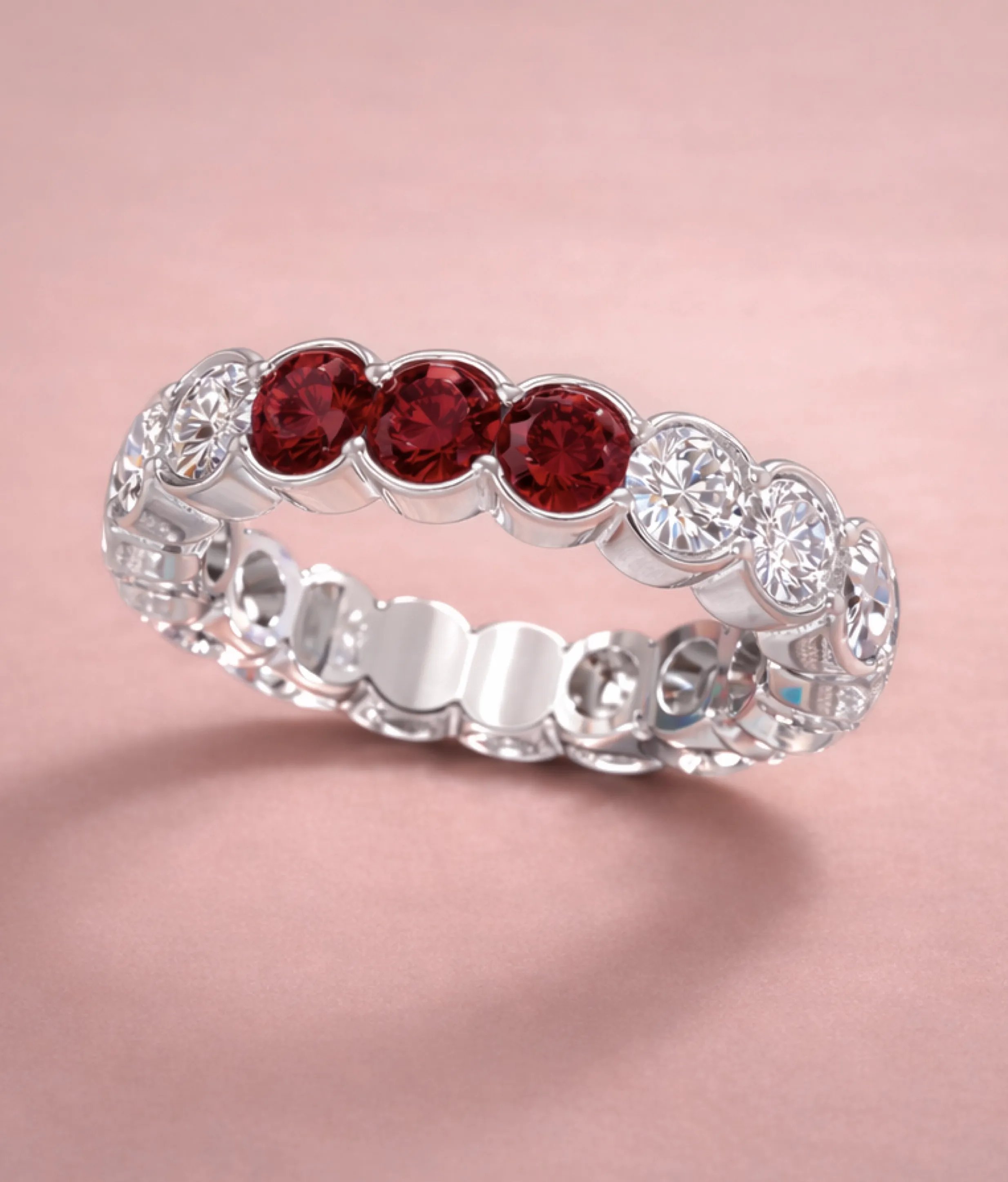 Custom Eternity Ring - 3 rubies set in a diamond white gold eternity band