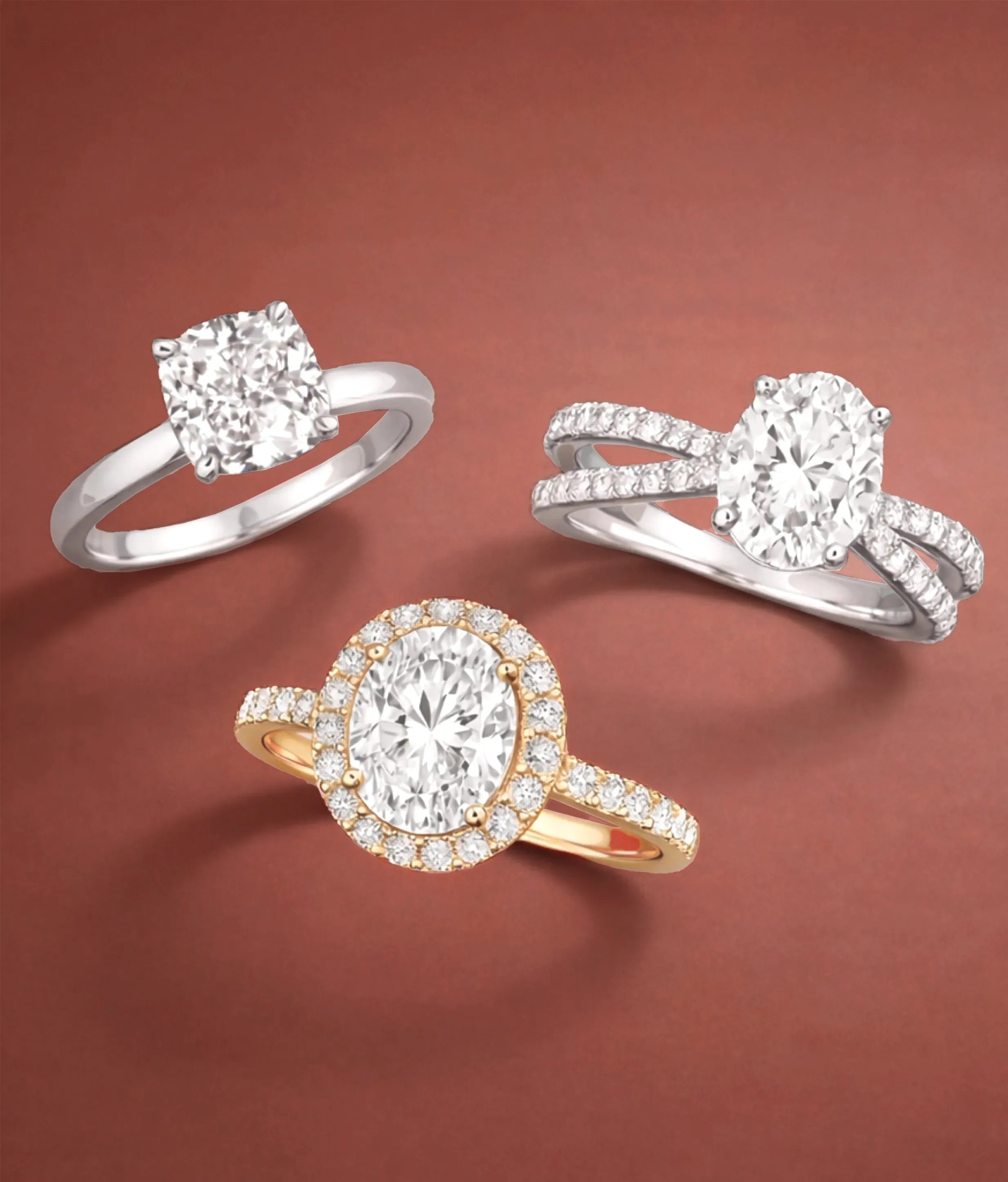 solitaire, sidestone, and halo engagement ring next to each other