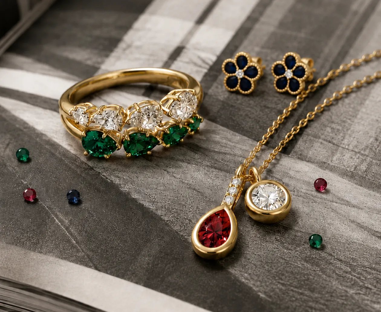 gemstone earrings, ring and necklace jewelry on a table