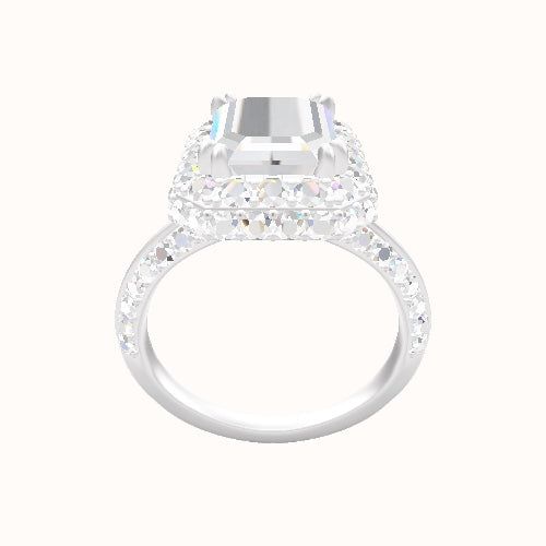 Tapered Knife Edge Double Row Pave Engagement Ring With Double Prong Waterfall Halo Head