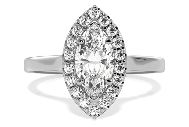 marquise cut engagement ring with a plain band and halo